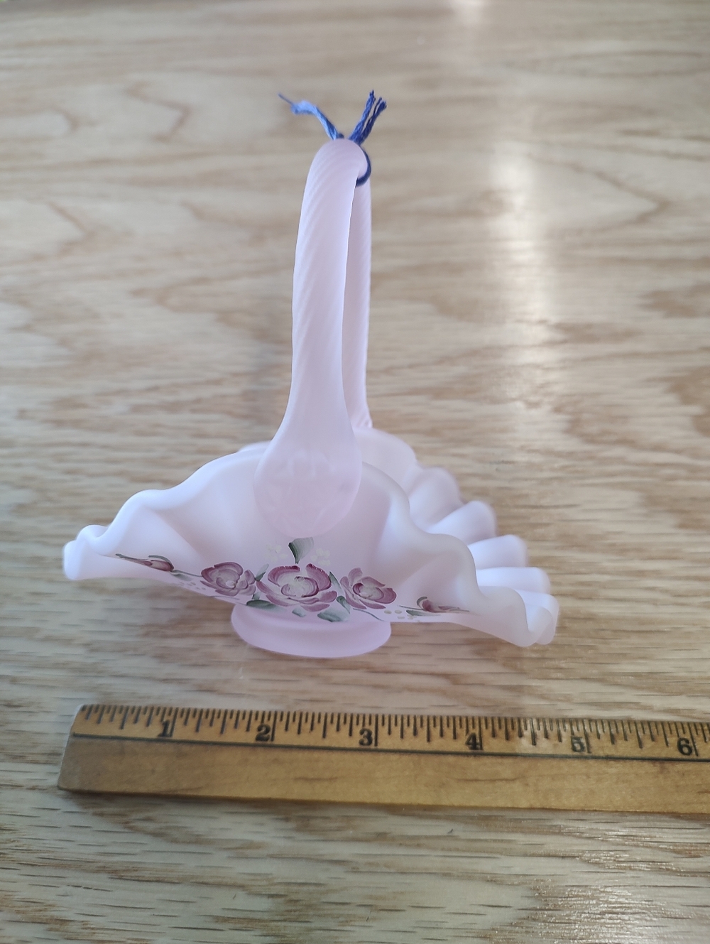 Fenton Pink Floral Glass Basket with Scalloped Edge